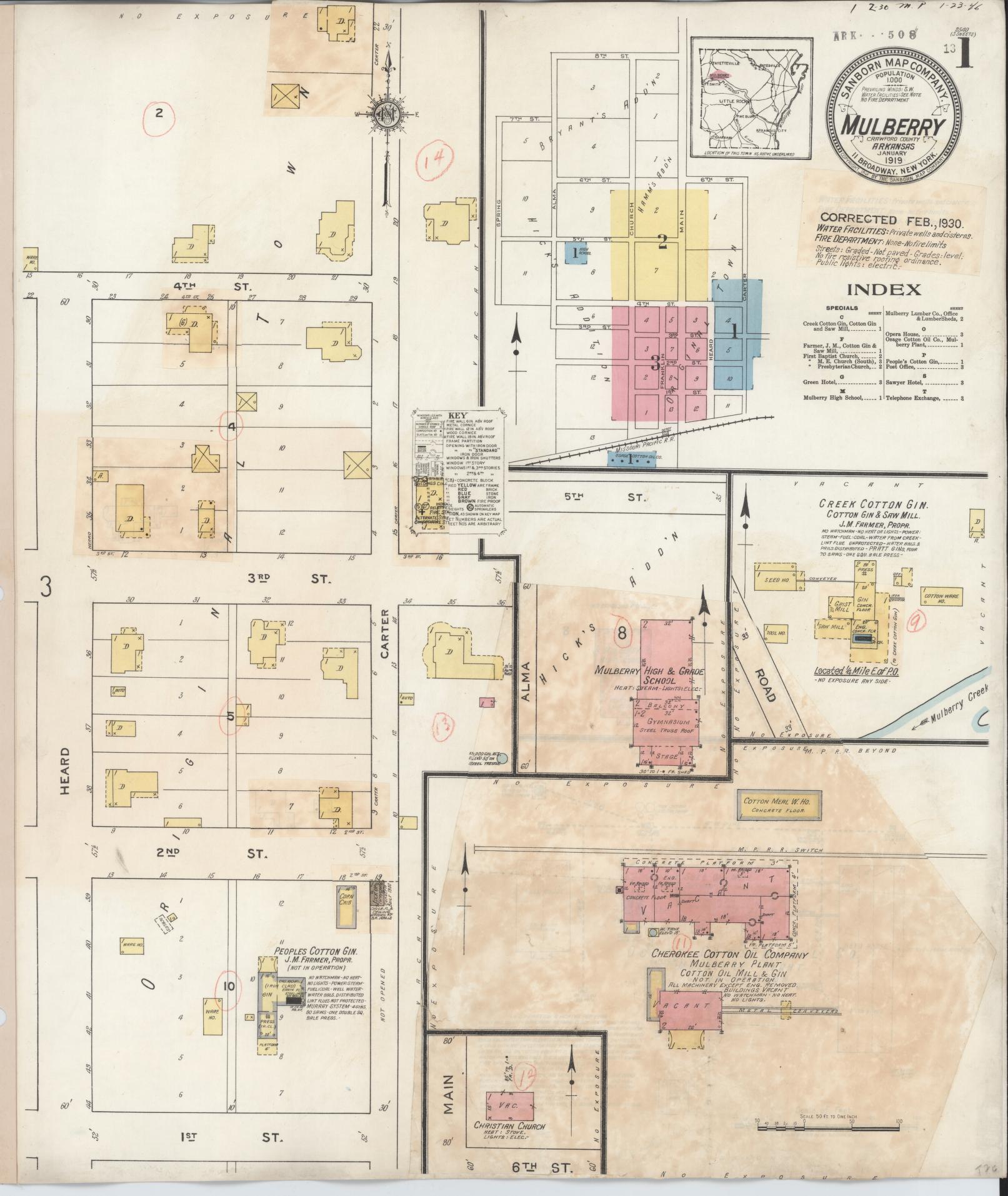 Sanborn Fire Insurance Map from Mulberry, Crawford County, Arkansas (1930), Sheet #0001 - Historic Sanborn Fire Insurance Map Print, vintage old map wall art, antique decor, genealogy gift, Arkansas Arkansas map