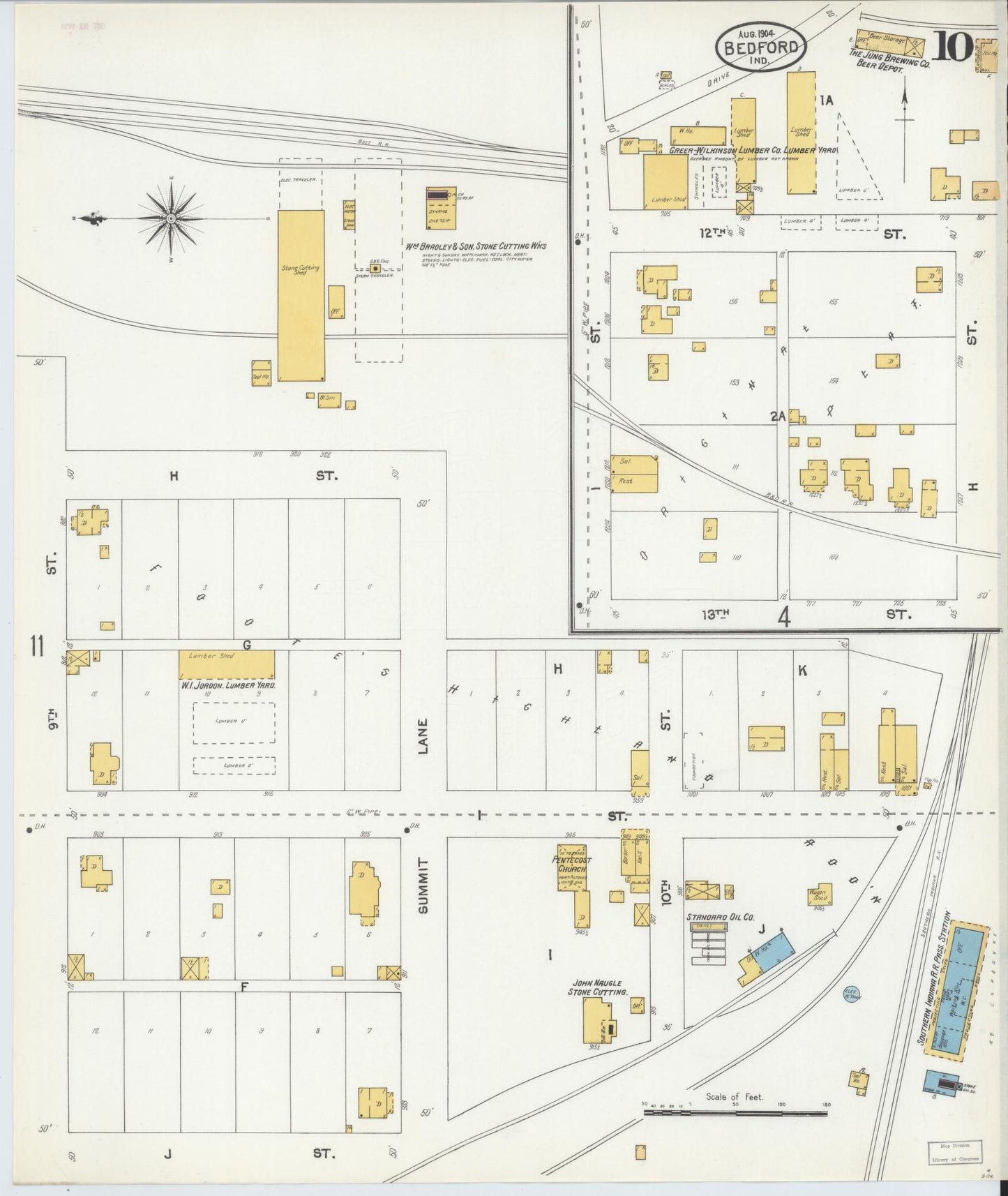 Sanborn Fire Insurance Map from Bedford, Lawrence County, Indiana (1904), Sheet #0010 - Historic Sanborn Fire Insurance Map Print, vintage old map wall art, antique decor, genealogy gift, Indiana Indiana map