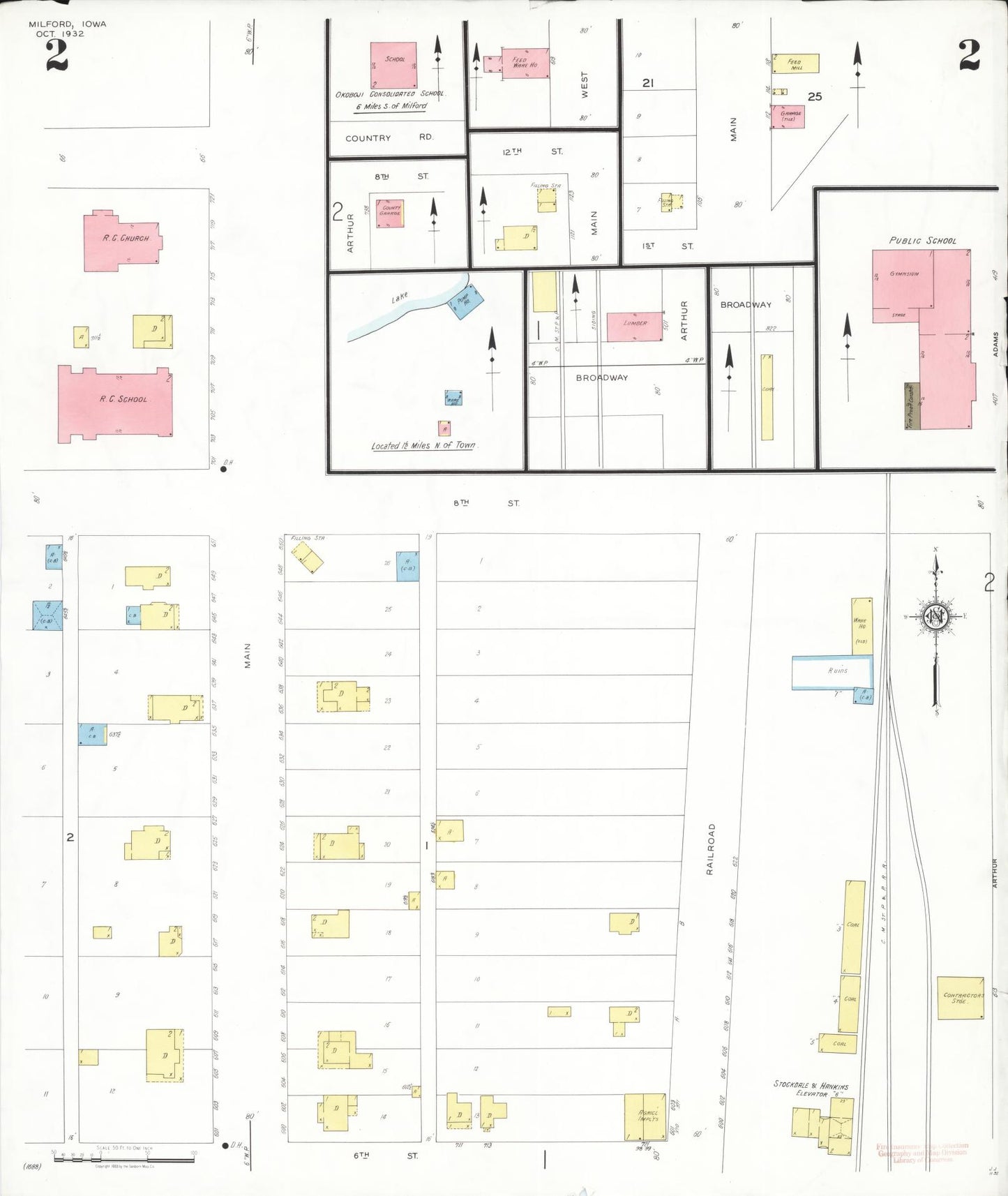 Sanborn Fire Insurance Map from Milford, Dickinson County, Iowa (1932), Sheet #0002 - Historic Sanborn Fire Insurance Map Print, vintage old map wall art
