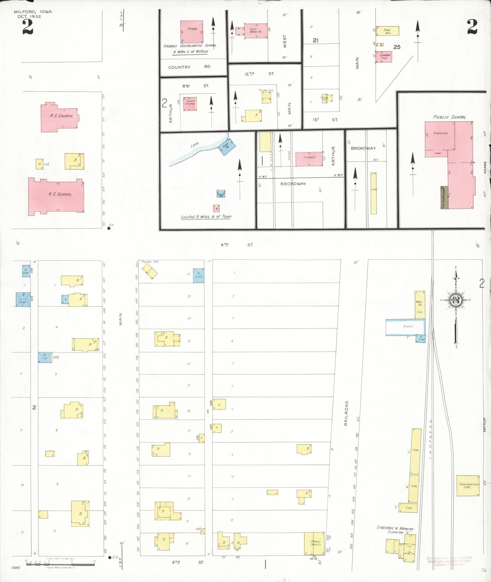 Sanborn Fire Insurance Map from Milford, Dickinson County, Iowa (1932), Sheet #0002 - Historic Sanborn Fire Insurance Map Print, vintage old map wall art