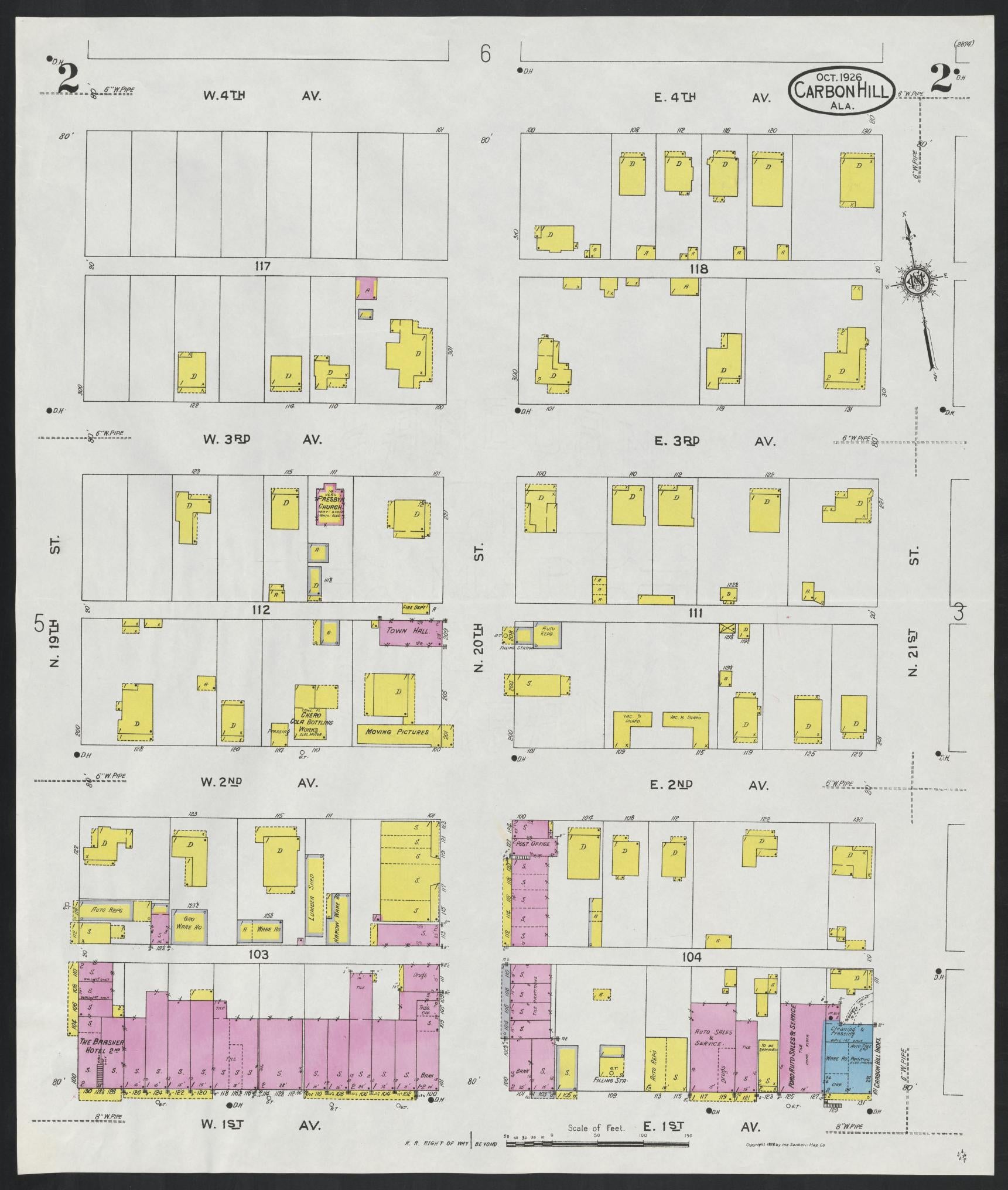 Sanborn Fire Insurance Map from Carbon Hill, Valher County, Alabama (1926), Sheet #0002 - Historic Sanborn Fire Insurance Map Print, vintage old map wall art, antique decor, genealogy gift, Alabama Alabama map