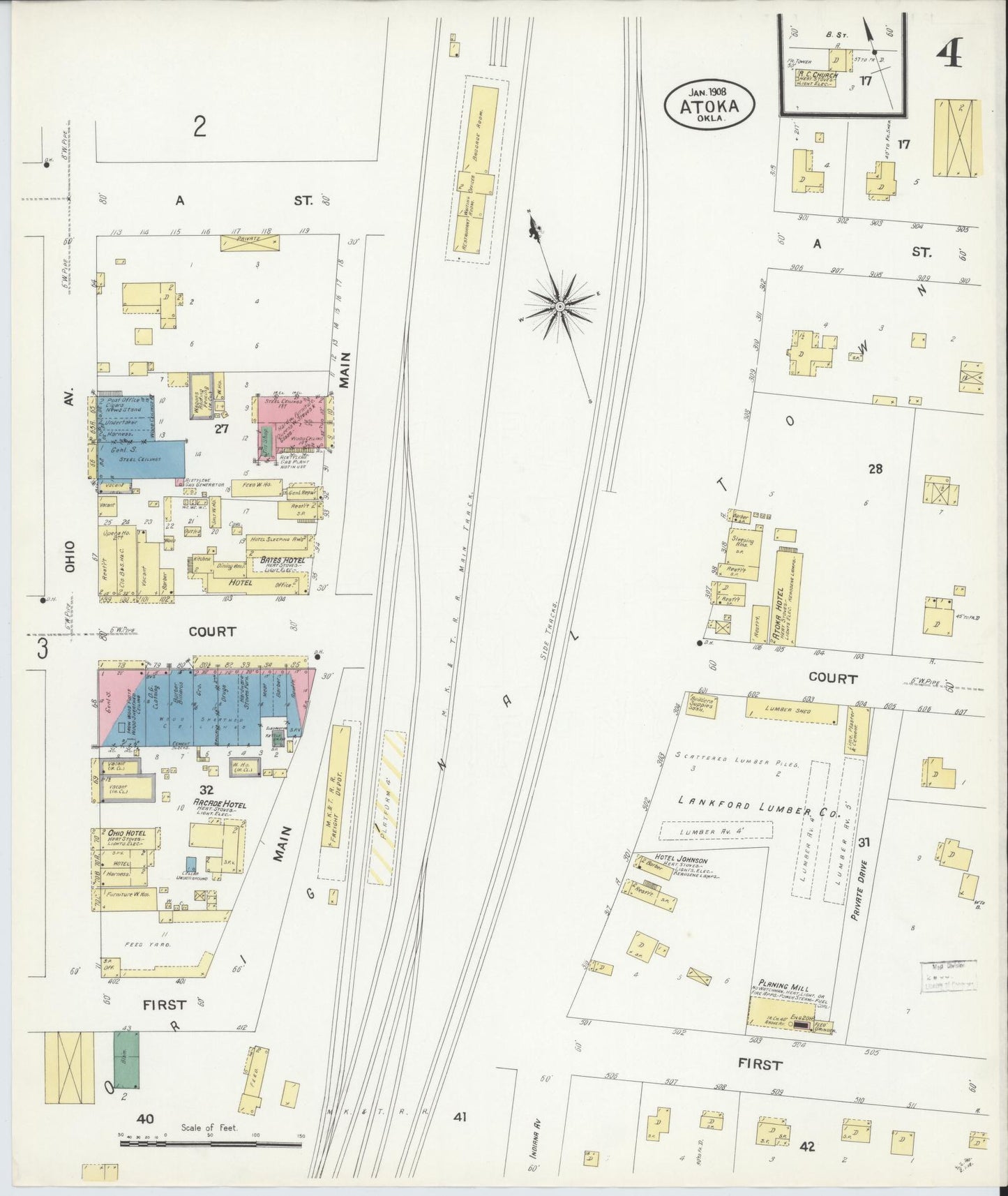 Sanborn Fire Insurance Map from Atoka, Atoka County, Oklahoma (1908), Sheet #0004 - Historic Sanborn Fire Insurance Map Print, vintage old map wall art, antique decor, genealogy gift, Oklahoma Oklahoma map