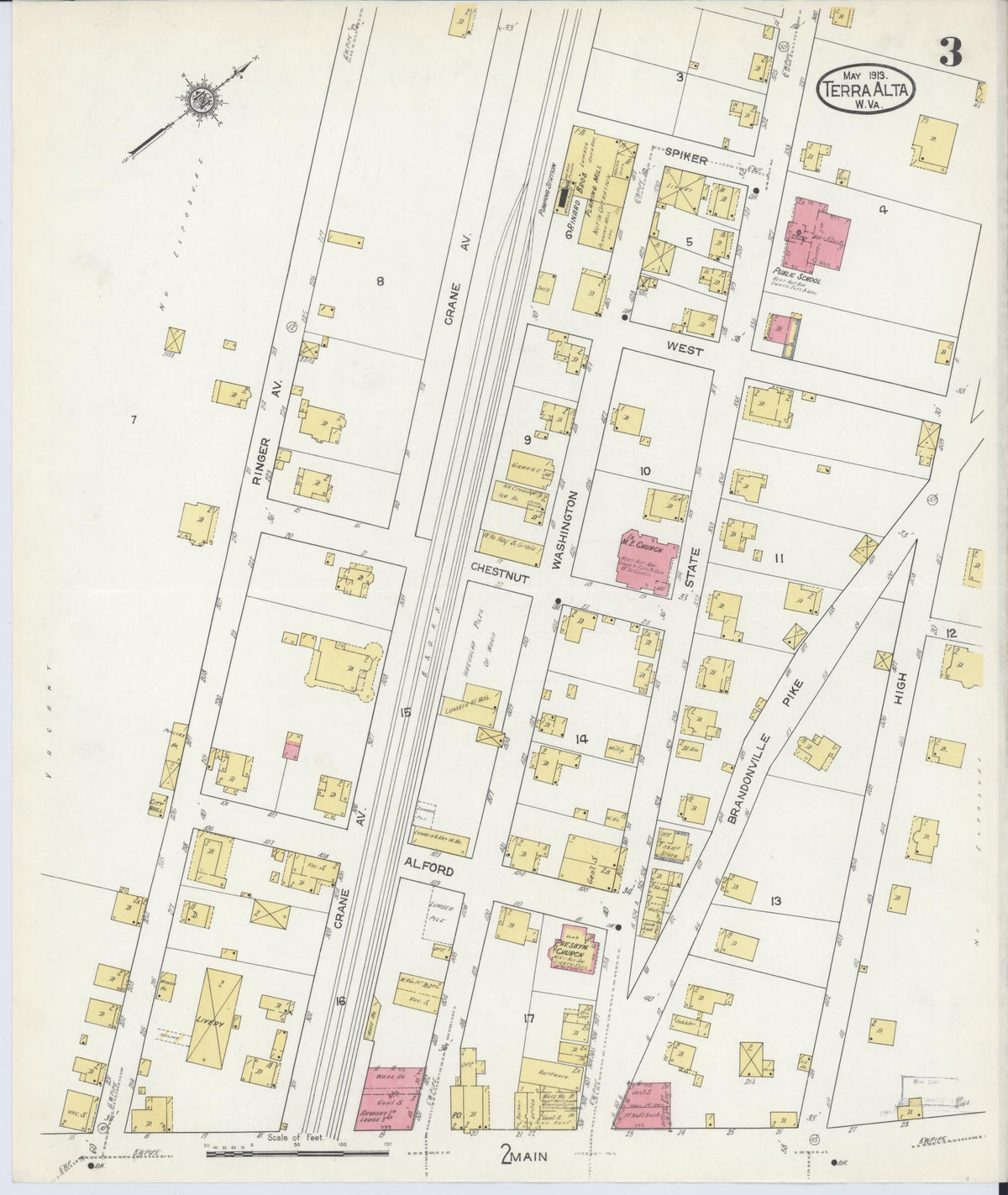Sanborn Fire Insurance Map from Terra Alta, Preston County, West Virginia (1913), Sheet #0003 - Historic Sanborn Fire Insurance Map Print, vintage old map wall art, antique decor, genealogy gift, West Virginia West Virginia map
