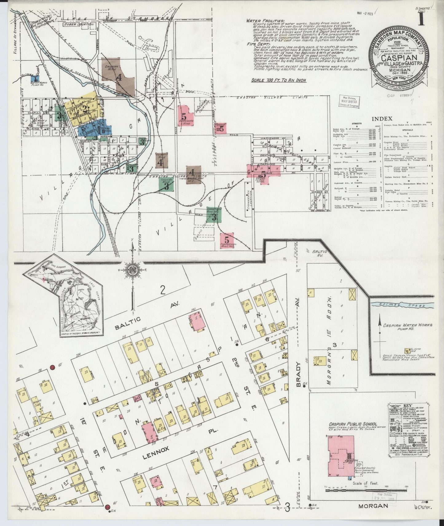 Sanborn Fire Insurance Map from Caspian, Iron County, Michigan (1922), Sheet #0001 - Historic Sanborn Fire Insurance Map Print, vintage old map wall art, antique decor, genealogy gift, Michigan Michigan map