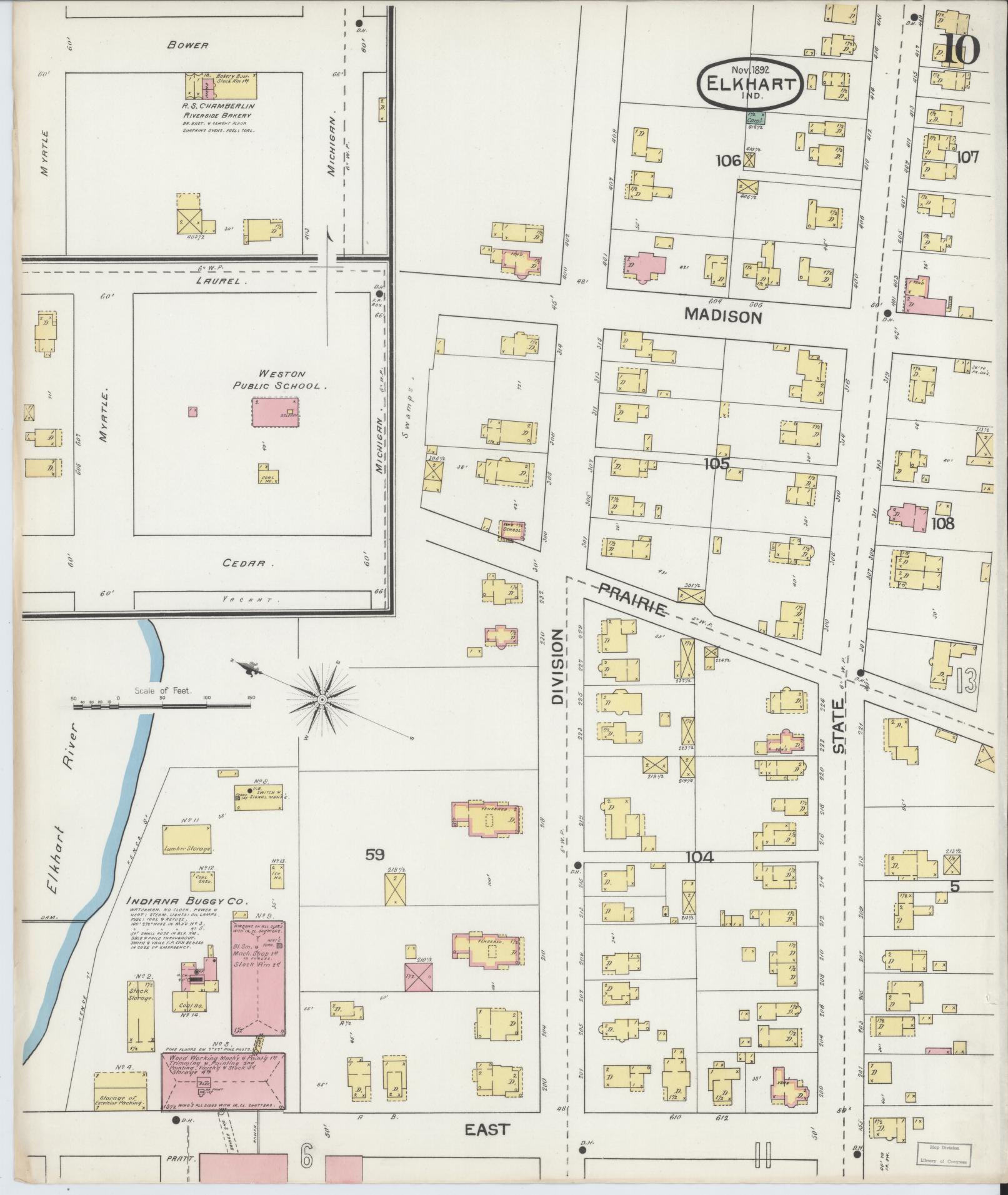 Sanborn Fire Insurance Map from Elkhart, Elkhart County, Indiana (1892), Sheet #0010 - Historic Sanborn Fire Insurance Map Print, vintage old map wall art, antique decor, genealogy gift, Indiana Indiana map