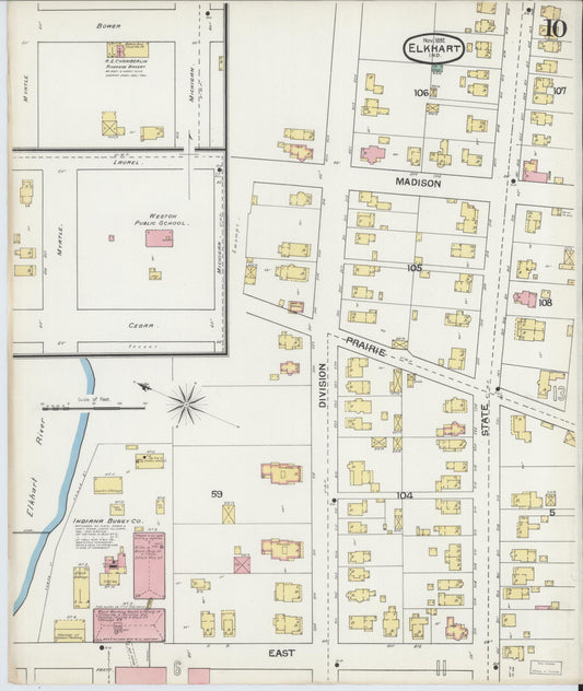 Sanborn Fire Insurance Map from Elkhart, Elkhart County, Indiana (1892), Sheet #0010 - Historic Sanborn Fire Insurance Map Print, vintage old map wall art, antique decor, genealogy gift, Indiana Indiana map