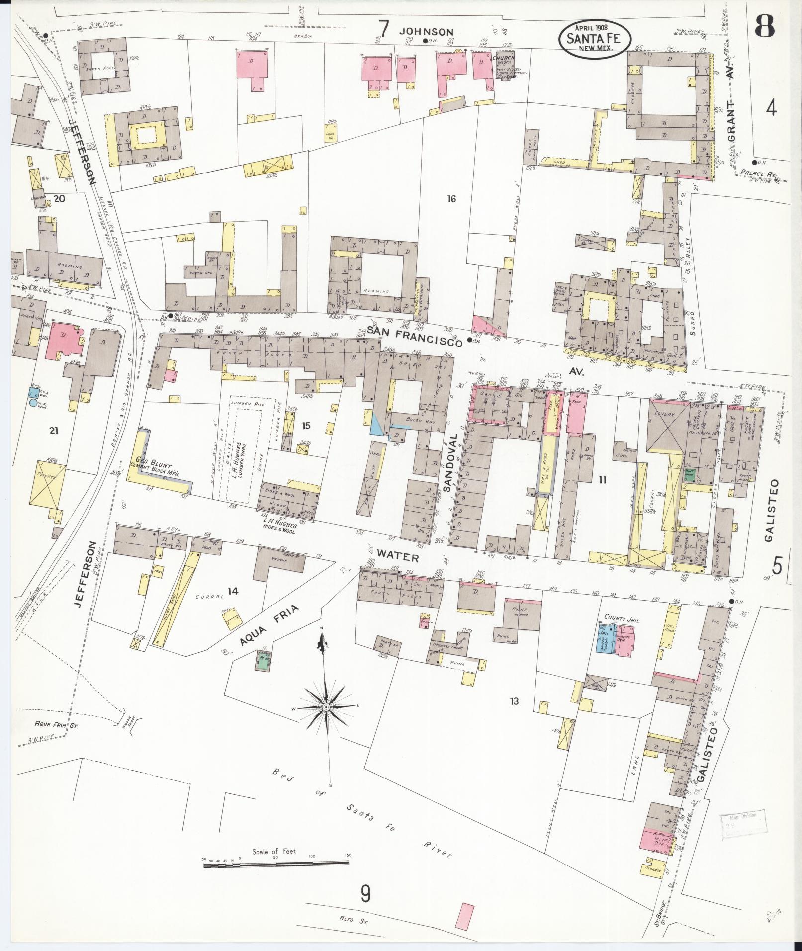 Sanborn Fire Insurance Map from Santa Fe, Santa Fe County, New Mexico (1908), Sheet #0008 - Historic Sanborn Fire Insurance Map Print, vintage old map wall art, antique decor, genealogy gift, New Mexico New Mexico map