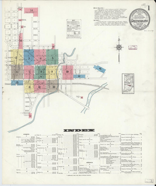 Sanborn Fire Insurance Map from Greensburg, Decatur County, Indiana (1913), Sheet #0001 - Historic Sanborn Fire Insurance Map Print, vintage old map wall art, antique decor, genealogy gift, Indiana Indiana map