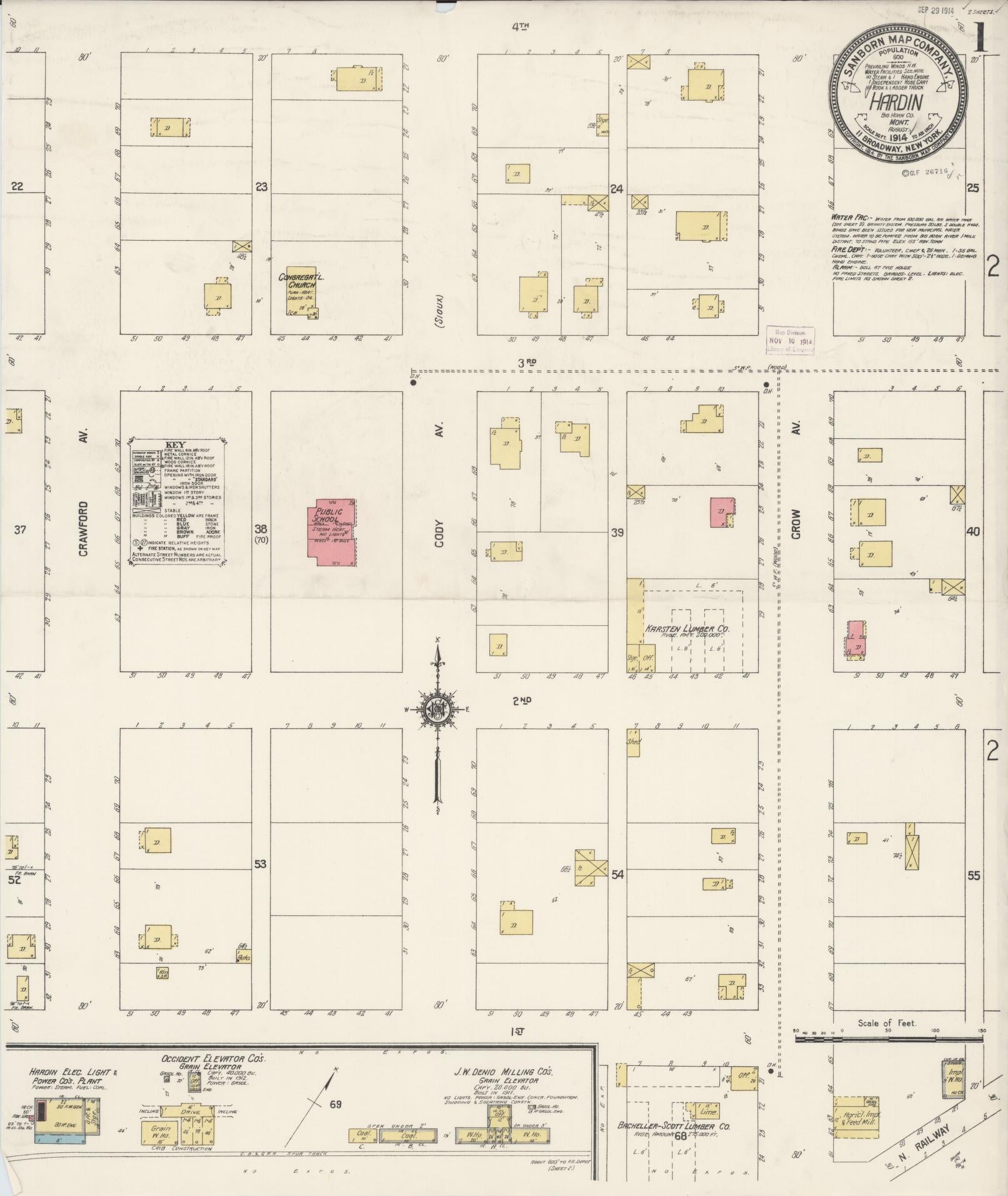 Sanborn Fire Insurance Map from Hardin, Big Horn County, Montana (1914), Sheet #0001 - Complete Map Set gallery image, historic Sanborn map, vintage wall art, Montana Montana
