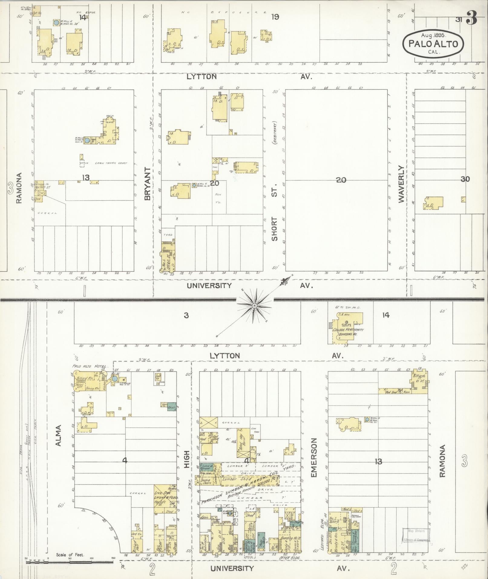Sanborn Fire Insurance Map from Palo Alto, Santa Clara County, California (1895), Sheet #0003 - Complete Map Set gallery image, historic Sanborn map, vintage wall art, California California