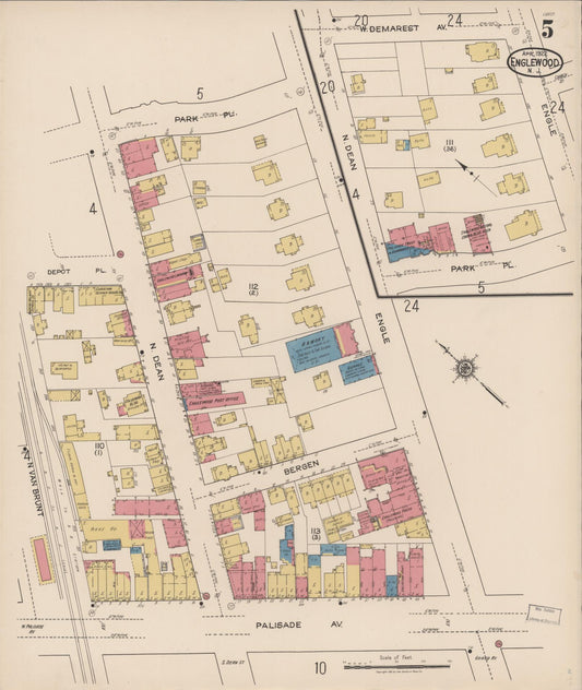 Sanborn Fire Insurance Map from Englewood, Bergen County, New Jersey (1922), Sheet #0005 - Historic Sanborn Fire Insurance Map Print, vintage old map wall art, antique decor, genealogy gift, New Jersey New Jersey map