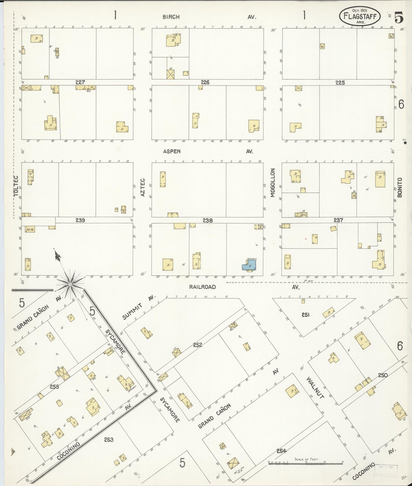 Sanborn Fire Insurance Map from Flagstaff, Coconino County, Arizona (1901), Sheet #0005 - Complete Map Set gallery image, historic Sanborn map, vintage wall art, Arizona Arizona