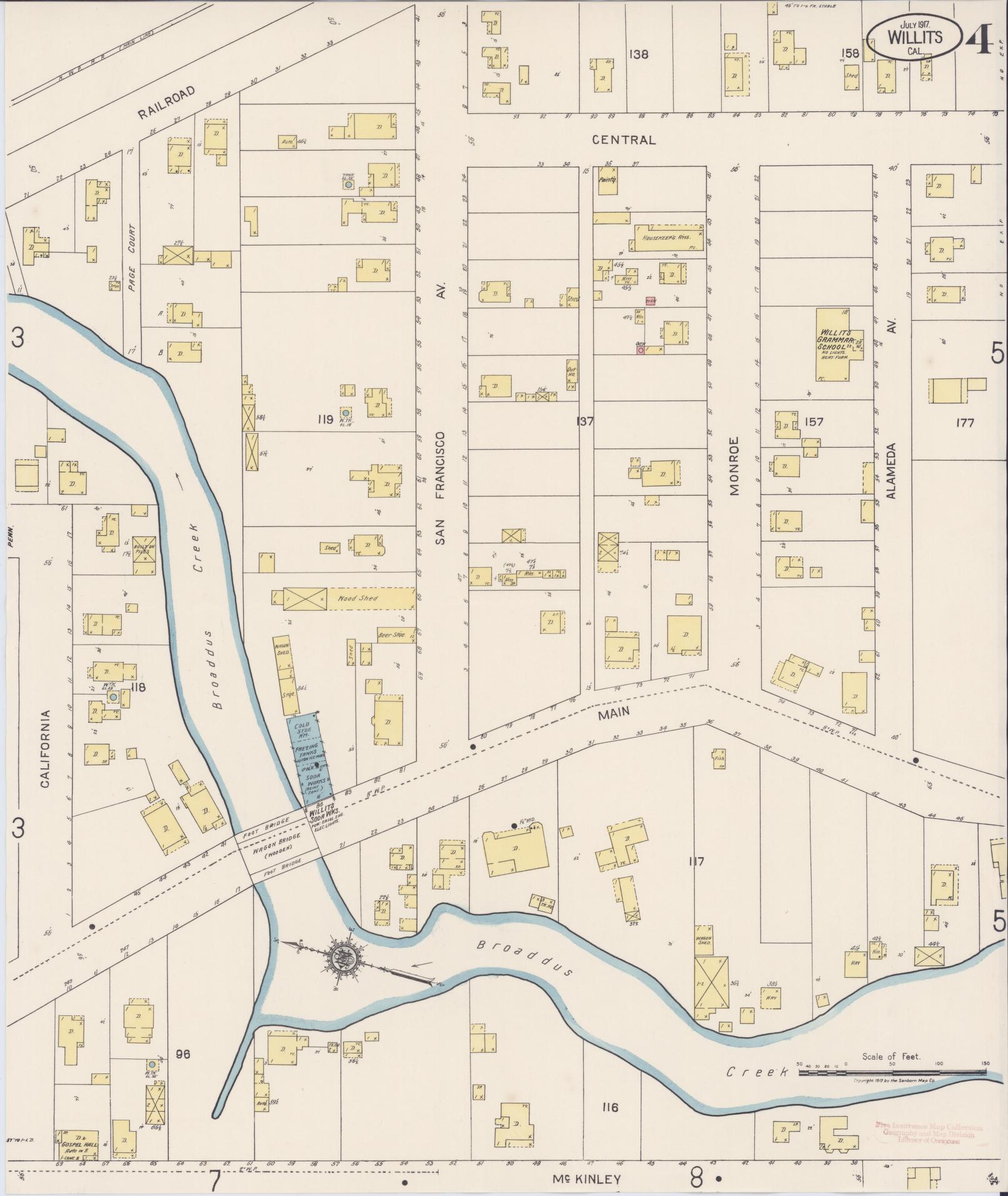Sanborn Fire Insurance Map from Willits, Mendocino County, California (1917), Sheet #0004 - Complete Map Set gallery image, historic Sanborn map, vintage wall art, California California