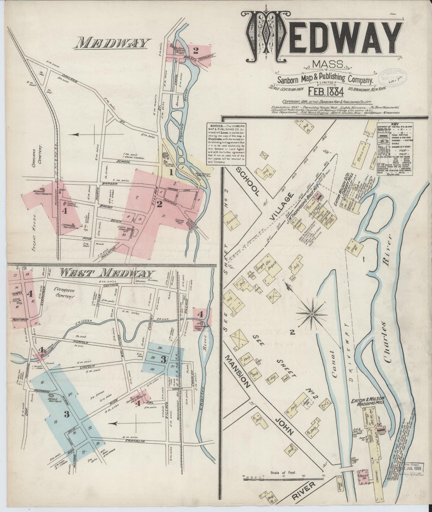 Sanborn Fire Insurance Map from Medway, Norfolk County, Massachusetts (1884), Sheet #0001 - Historic Sanborn Fire Insurance Map Print, vintage old map wall art, antique decor, genealogy gift, Massachusetts Massachusetts map