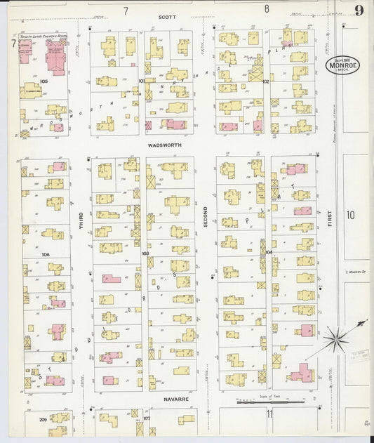 Sanborn Fire Insurance Map from Monroe, Monroe County, Michigan (1908), Sheet #0009 - Historic Sanborn Fire Insurance Map Print, vintage old map wall art, antique decor, genealogy gift, Michigan Michigan map