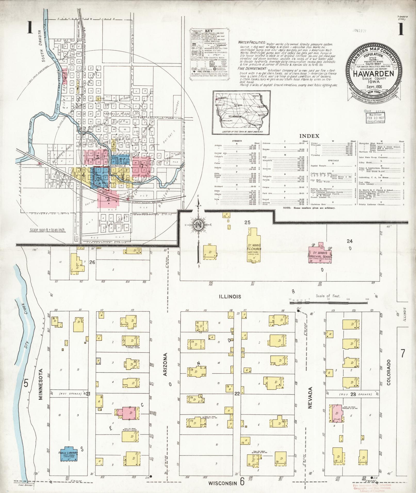 Sanborn Fire Insurance Map from Hawarden, Sioux County, Iowa (1924), Sheet #0001 - Historic Sanborn Fire Insurance Map Print, vintage old map wall art