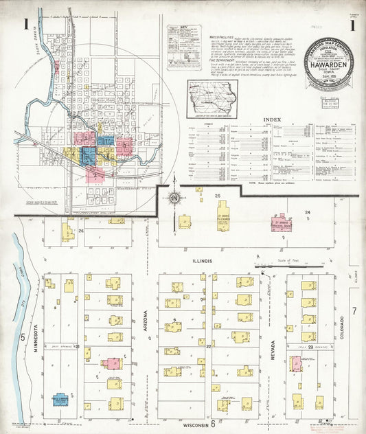 Sanborn Fire Insurance Map from Hawarden, Sioux County, Iowa (1924), Sheet #0001 - Historic Sanborn Fire Insurance Map Print, vintage old map wall art