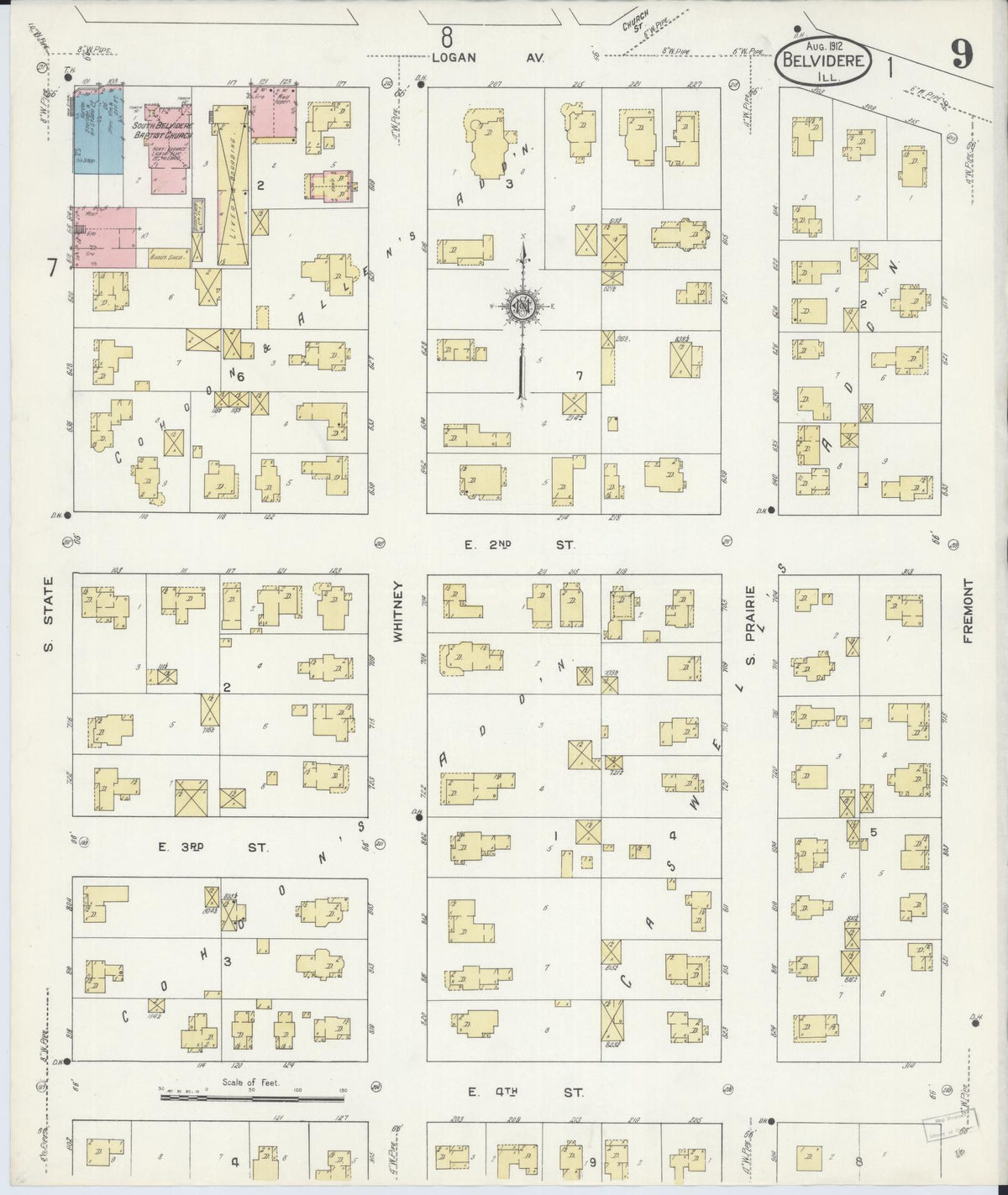 Sanborn Fire Insurance Map from Belvidere, Boone County, Illinois (1912), Sheet #0009 - Historic Sanborn Fire Insurance Map Print, vintage old map wall art, antique decor, genealogy gift, Illinois Illinois map
