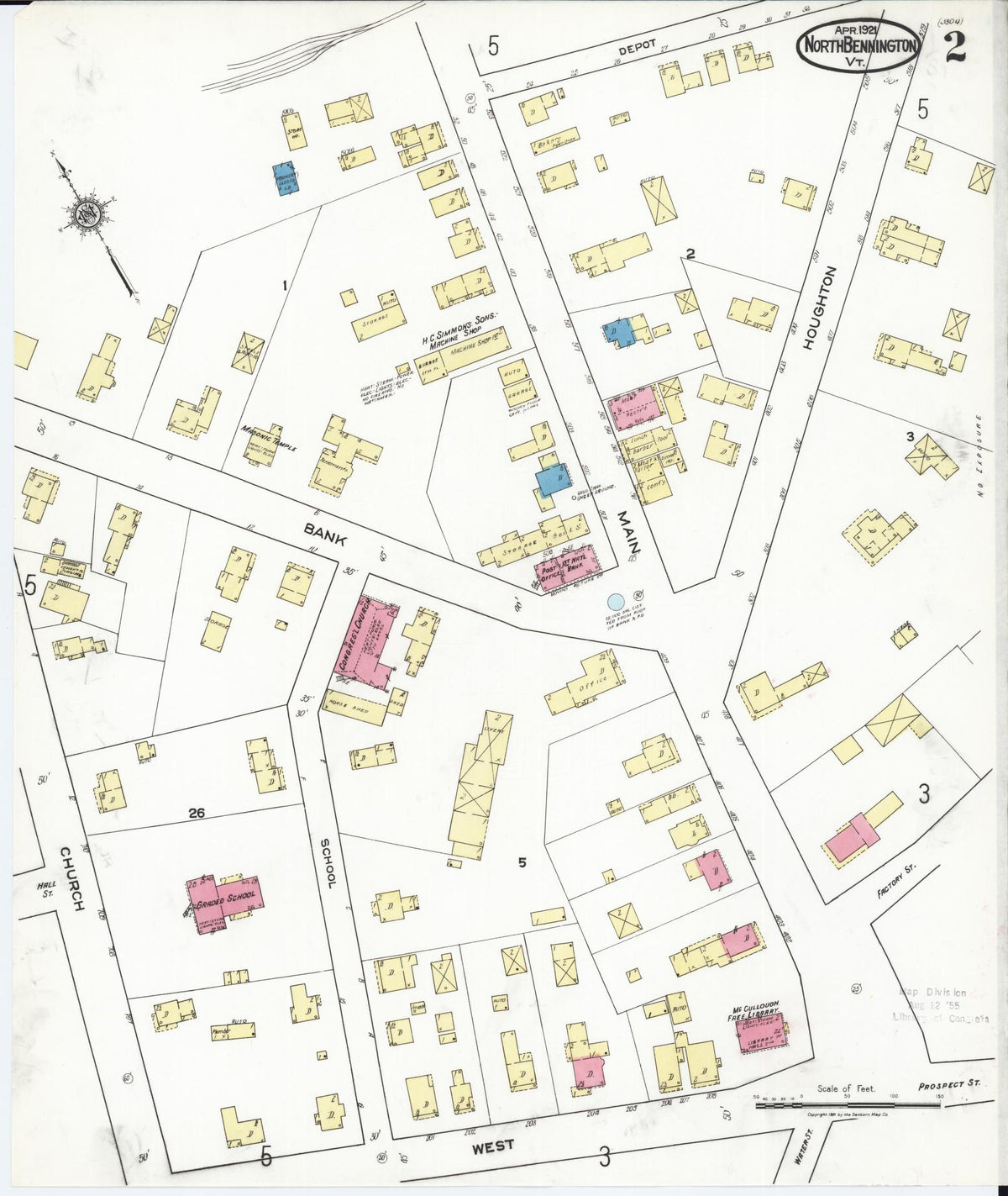 Sanborn Fire Insurance Map from North Bennington, Bennington County, Vermont (1921), Sheet #0002 - Historic Sanborn Fire Insurance Map Print, vintage old map wall art, antique decor, genealogy gift, Vermont Vermont map