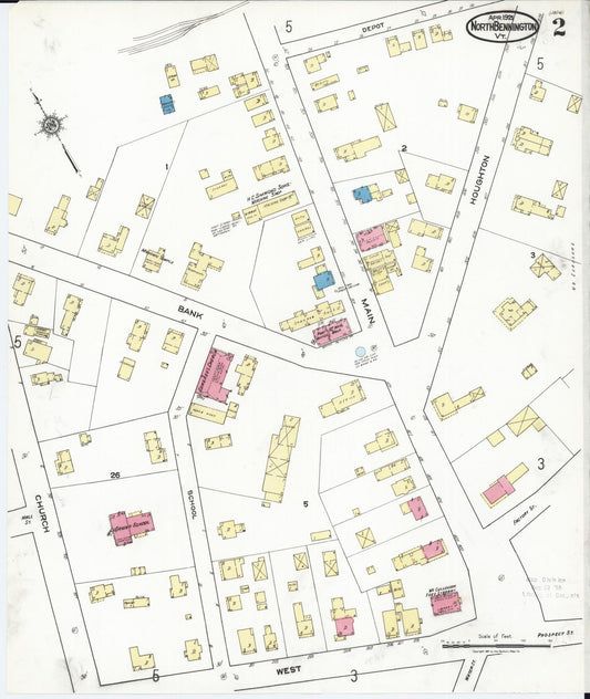 Sanborn Fire Insurance Map from North Bennington, Bennington County, Vermont (1921), Sheet #0002 - Historic Sanborn Fire Insurance Map Print, vintage old map wall art, antique decor, genealogy gift, Vermont Vermont map