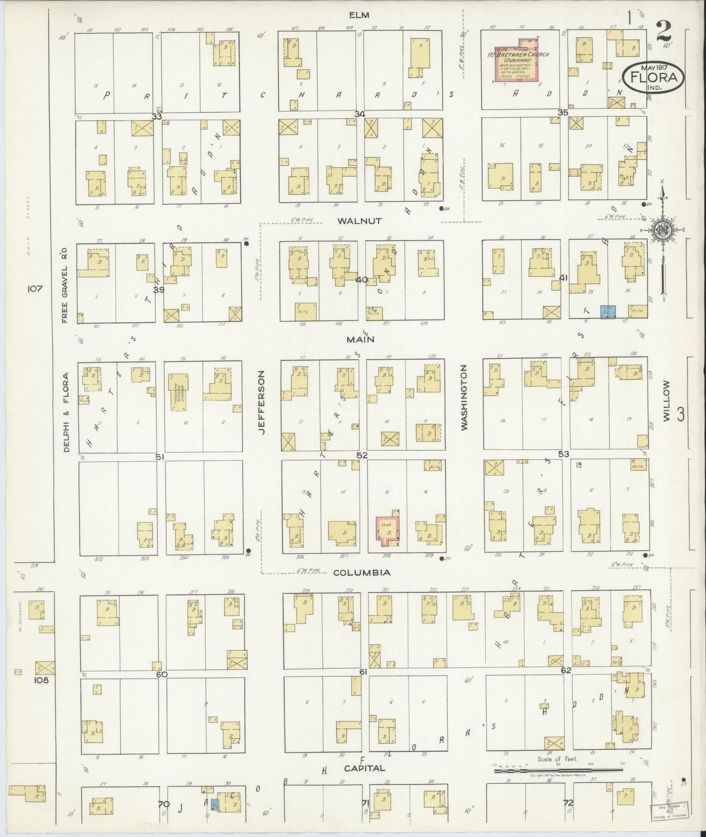 Sanborn Fire Insurance Map from Flora, Carroll County, Indiana (1917), Sheet #0002 - Complete Map Set gallery image, historic Sanborn map, vintage wall art, Indiana Indiana