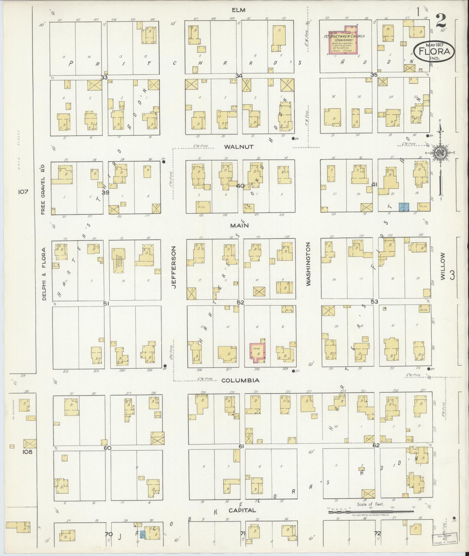 Sanborn Fire Insurance Map from Flora, Carroll County, Indiana (1917), Sheet #0002 - Complete Map Set gallery image, historic Sanborn map, vintage wall art, Indiana Indiana