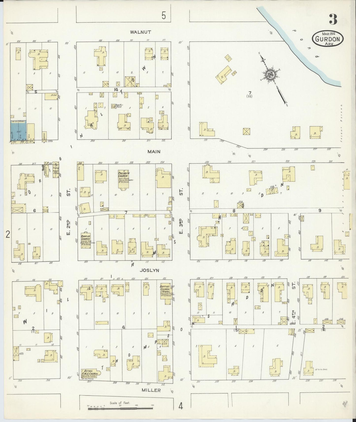 Sanborn Fire Insurance Map from Gurdon, Clark County, Arkansas (1914), Sheet #0003 - Complete Map Set gallery image, historic Sanborn map, vintage wall art, Arkansas Arkansas
