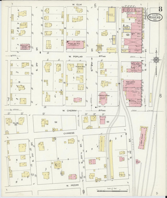 Sanborn Fire Insurance Map from Rogers, Benton County, Arkansas (1914), Sheet #0008 - Historic Sanborn Fire Insurance Map Print, vintage old map wall art, antique decor, genealogy gift, Arkansas Arkansas map
