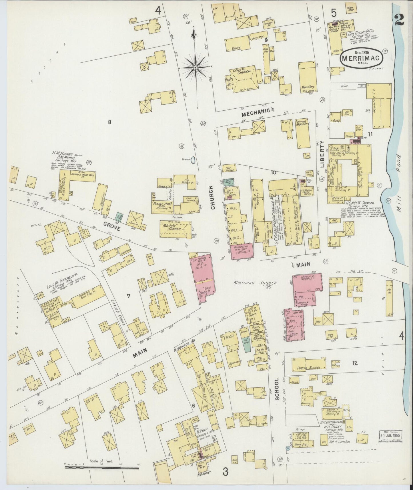 Sanborn Fire Insurance Map from Merrimac, Essex County, Massachusetts (1896), Sheet #0002 - Historic Sanborn Fire Insurance Map Print, vintage old map wall art, antique decor, genealogy gift, Massachusetts Massachusetts map