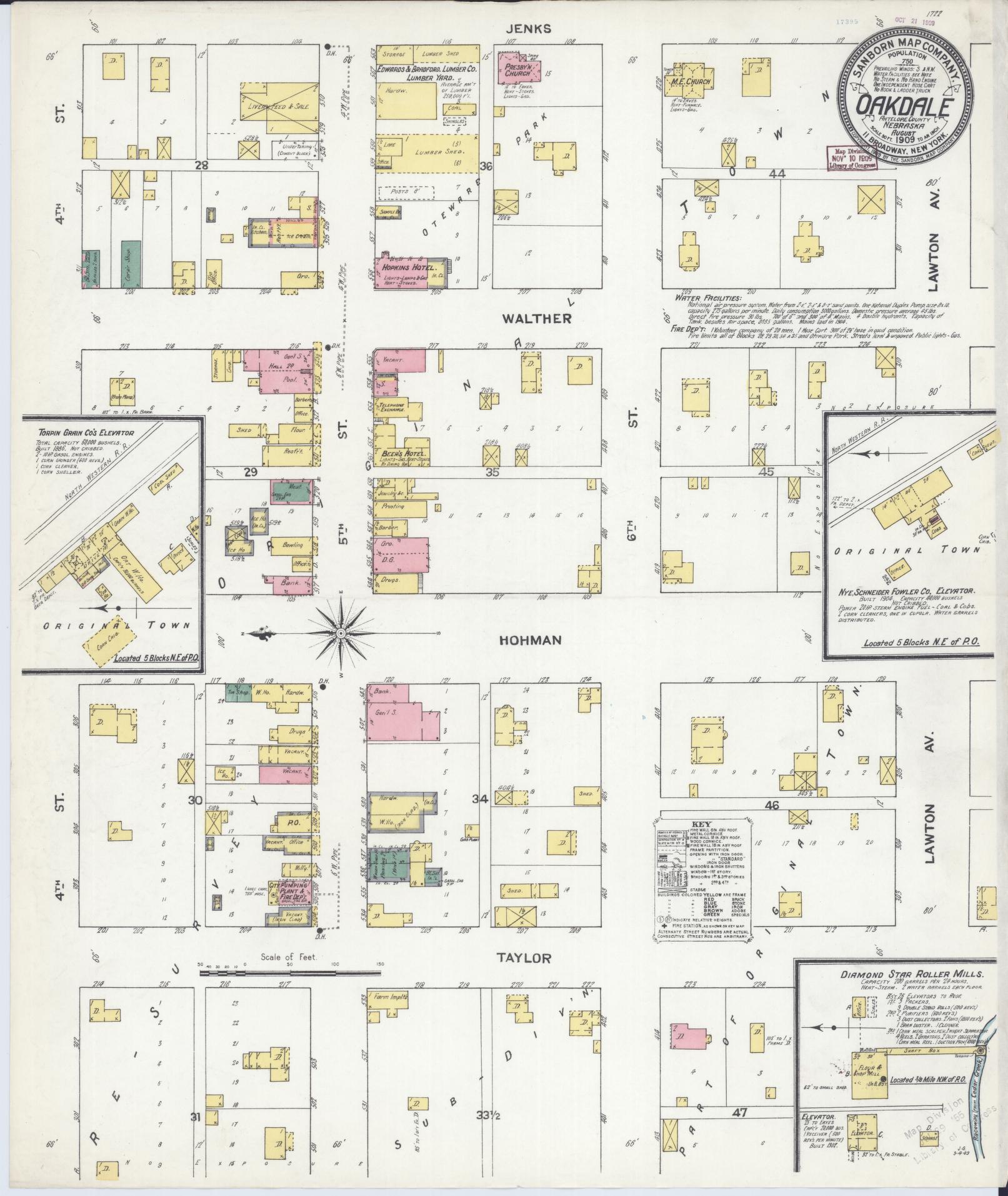 Sanborn Fire Insurance Map from Oakdale, Antelope County, Nebraska (1909), Sheet #0001 - Historic Sanborn Fire Insurance Map Print, vintage old map wall art, antique decor, genealogy gift, Nebraska Nebraska map