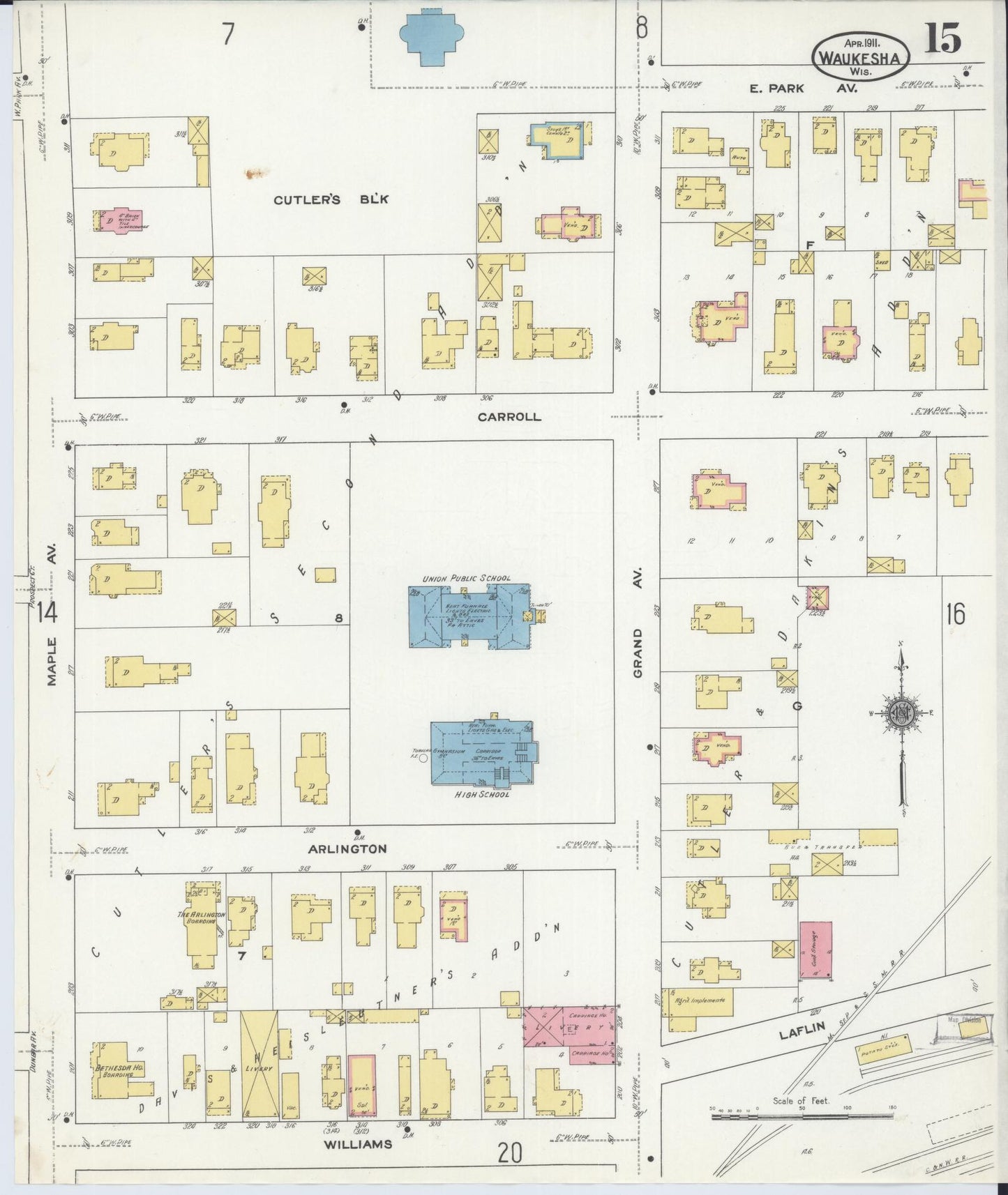 Sanborn Fire Insurance Map from Waukesha, Waukesha County, Wisconsin (1911), Sheet #0015 - Historic Sanborn Fire Insurance Map Print, vintage old map wall art, antique decor, genealogy gift, Wisconsin Wisconsin map