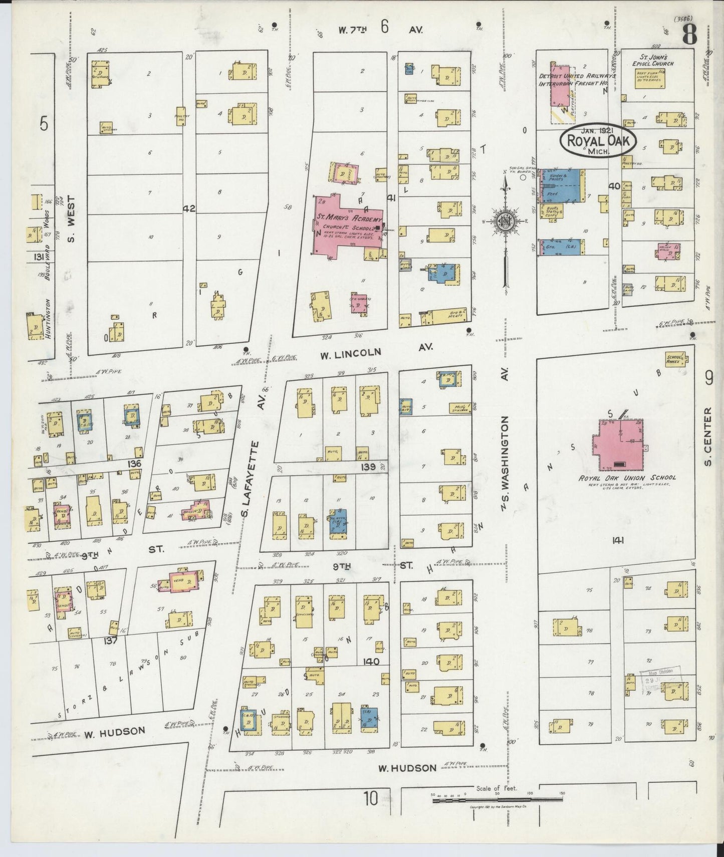 Sanborn Fire Insurance Map from Royal Oak, Oakland County, Michigan (1921), Sheet #0008 - Complete Map Set gallery image, historic Sanborn map, vintage wall art, Michigan Michigan