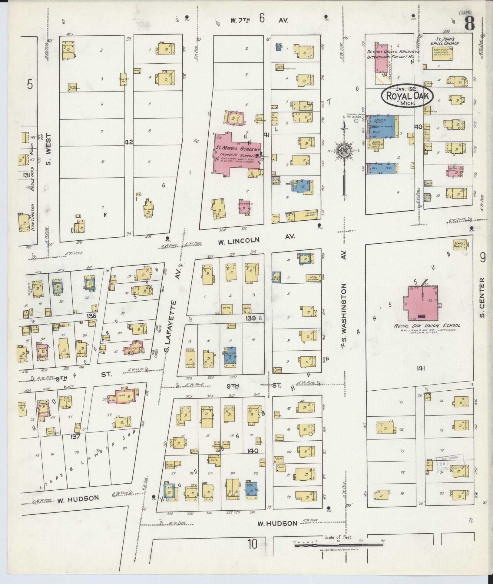 Sanborn Fire Insurance Map from Royal Oak, Oakland County, Michigan (1921), Sheet #0008 - Complete Map Set gallery image, historic Sanborn map, vintage wall art, Michigan Michigan