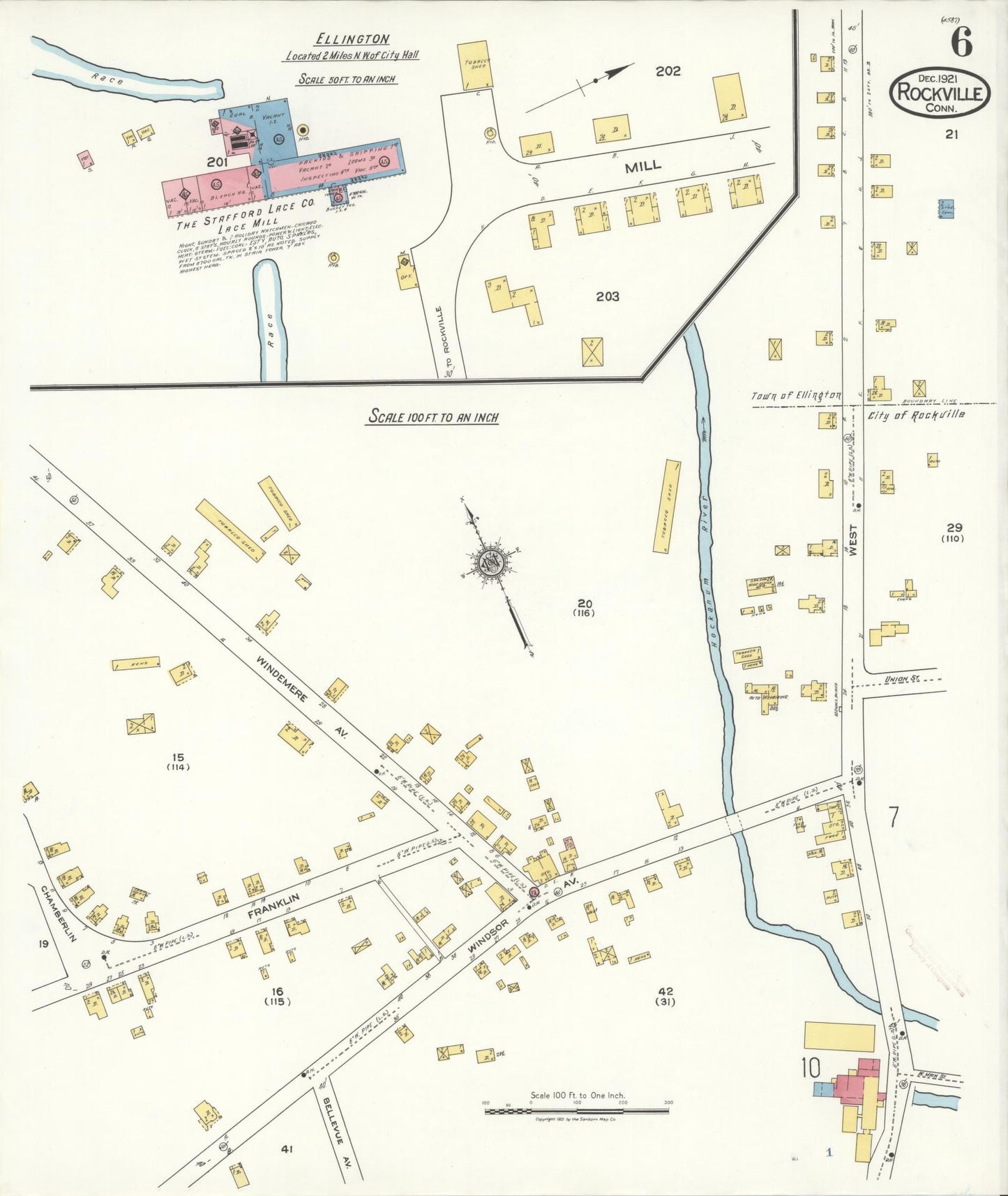 Sanborn Fire Insurance Map from Rockville, Tolland County, Connecticut (1921), Sheet #0006 - Complete Map Set gallery image, historic Sanborn map, vintage wall art, Connecticut Connecticut