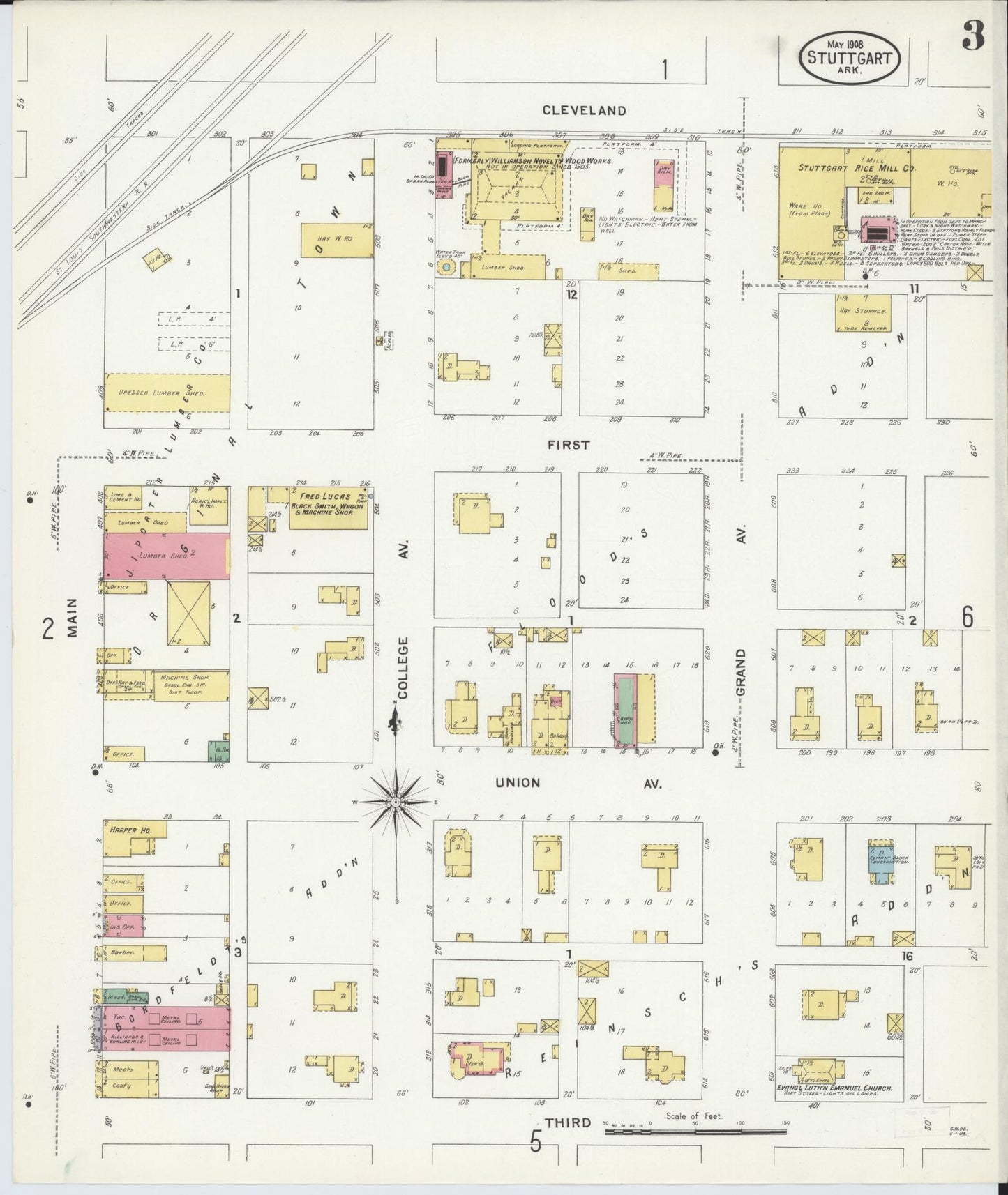 Sanborn Fire Insurance Map from Stuttgart, Arkansas County, Arkansas (1908), Sheet #0003 - Complete Map Set gallery image, historic Sanborn map, vintage wall art, Stuttgart Arkansas