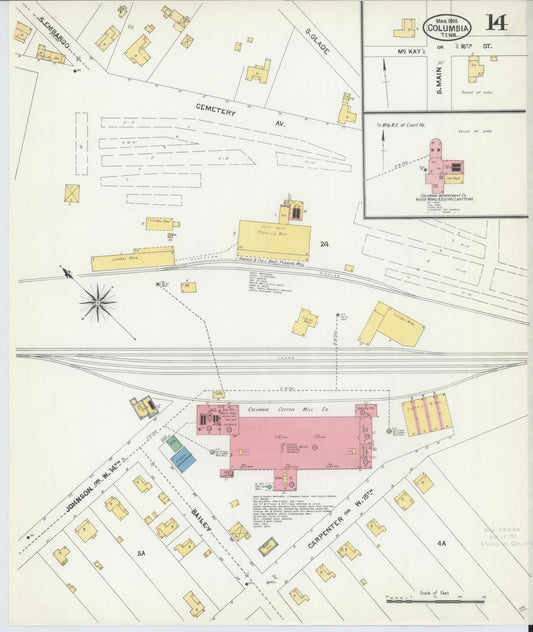 Sanborn Fire Insurance Map from Columbia, Maury County, Tennessee (1905), Sheet #0014 - Historic Sanborn Fire Insurance Map Print, vintage old map wall art, antique decor, genealogy gift, Tennessee Tennessee map