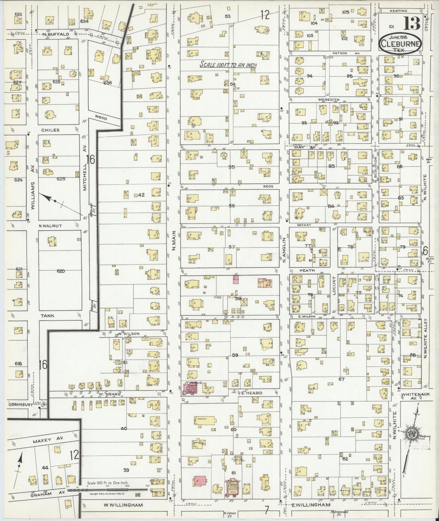 Sanborn Fire Insurance Map from Cleburne, Johnson County, Texas (1918), Sheet #0013 - Historic Sanborn Fire Insurance Map Print, vintage old map wall art, antique decor, genealogy gift, Texas Texas map