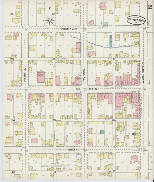 Sanborn Fire Insurance Map from Waynesburg, Greene County, Pennsylvania (1891), Sheet #0002 - Historic Sanborn Fire Insurance Map Print, vintage old map wall art, antique decor, genealogy gift, Pennsylvania Pennsylvania map