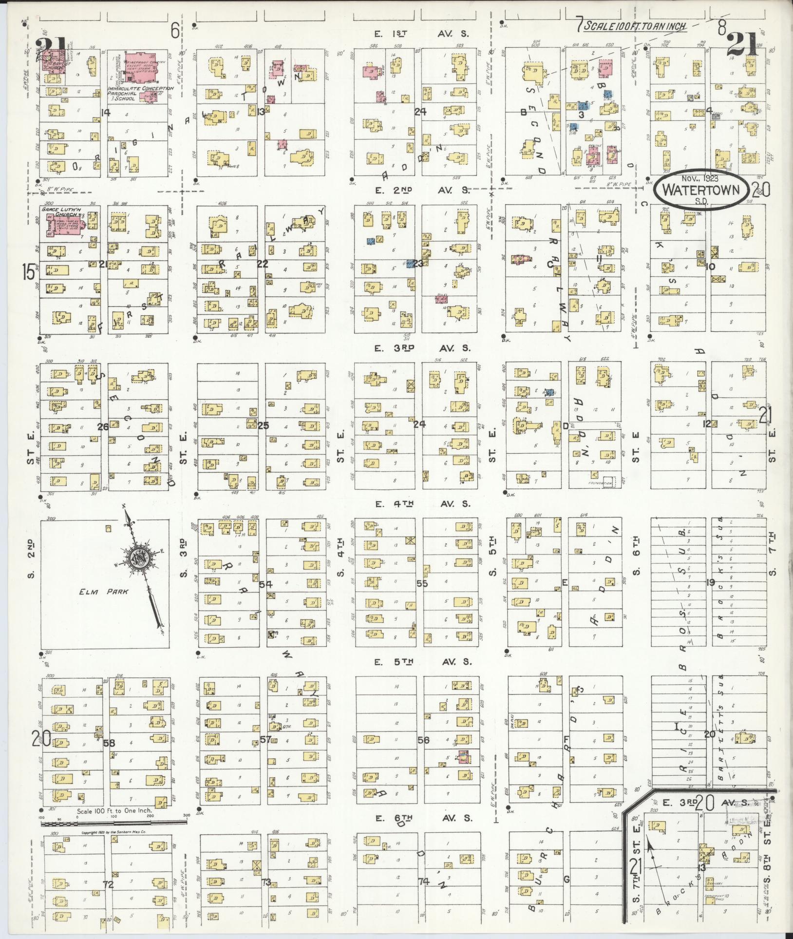 Sanborn Fire Insurance Map from Watertown, Codington County, South Dakota (1923), Sheet #0021 - Historic Sanborn Fire Insurance Map Print, vintage old map wall art, antique decor, genealogy gift, South Dakota South Dakota map
