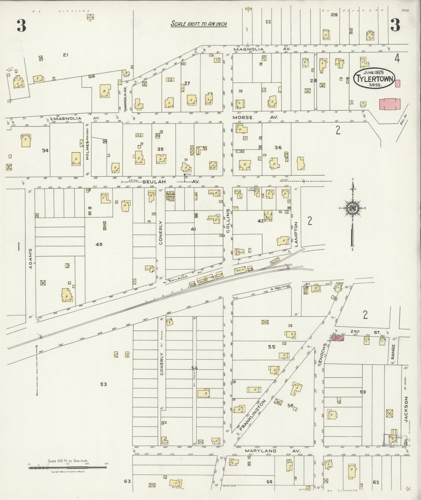 Sanborn Fire Insurance Map from Tylertown, Walthall County, Mississippi (1925), Sheet #0003 - Historic Sanborn Fire Insurance Map Print, vintage old map wall art, antique decor, genealogy gift, Mississippi Mississippi map