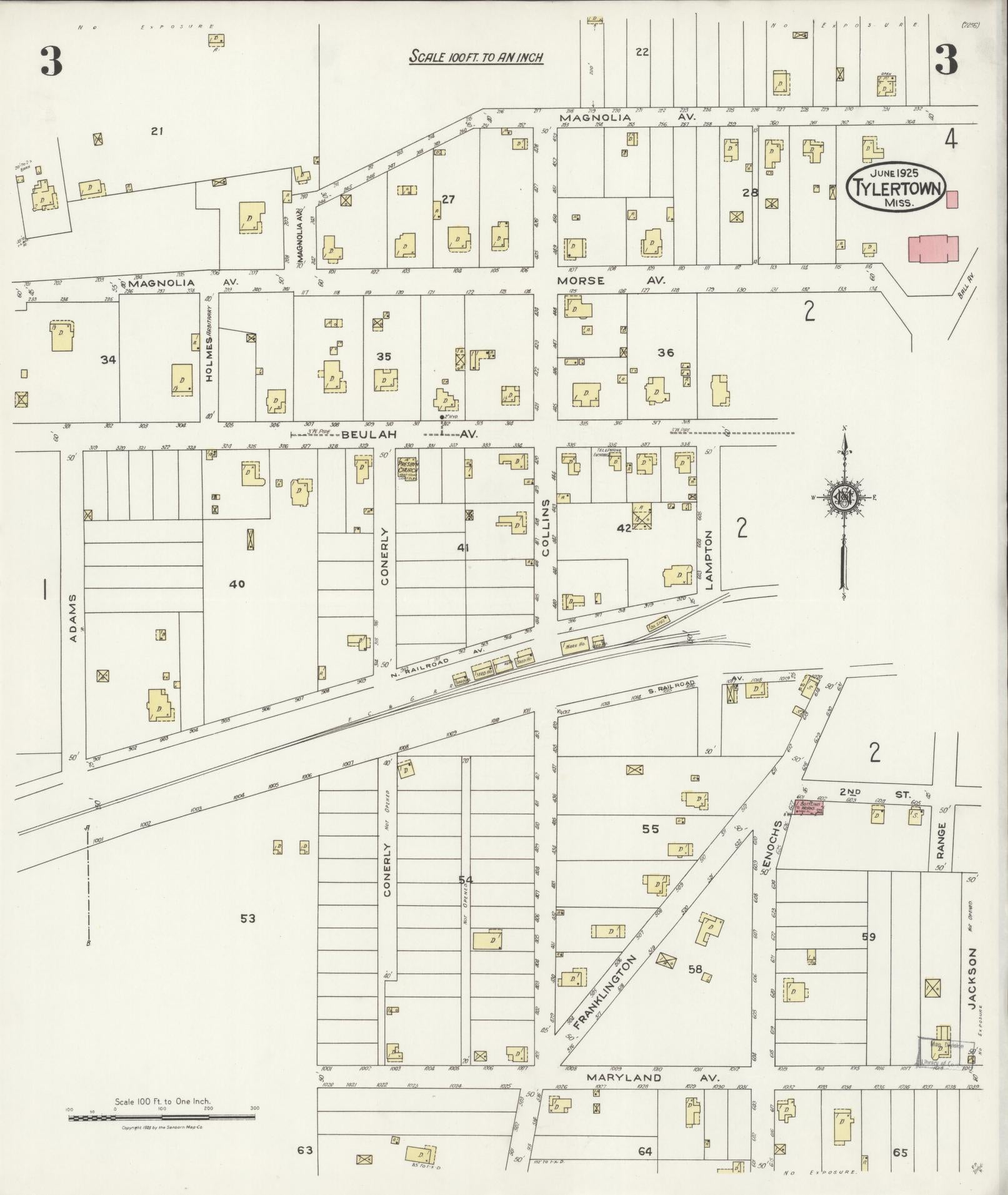Sanborn Fire Insurance Map from Tylertown, Walthall County, Mississippi (1925), Sheet #0003 - Historic Sanborn Fire Insurance Map Print, vintage old map wall art, antique decor, genealogy gift, Mississippi Mississippi map