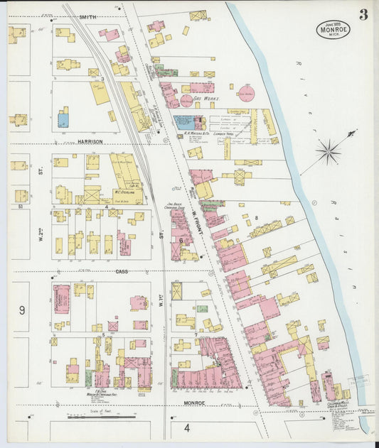 Sanborn Fire Insurance Map from Monroe, Monroe County, Michigan (1899), Sheet #0003 - Historic Sanborn Fire Insurance Map Print, vintage old map wall art, antique decor, genealogy gift, Michigan Michigan map