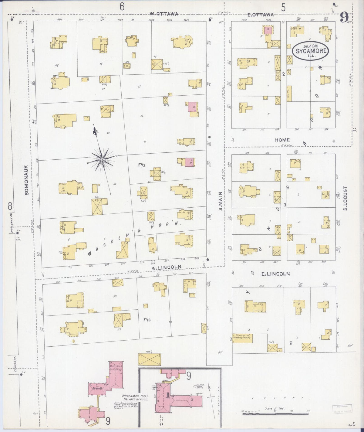 Sanborn Fire Insurance Map from Sycamore, De Kalb County, Illinois (1905), Sheet #0009 - Complete Map Set gallery image, historic Sanborn map, vintage wall art, Illinois Illinois