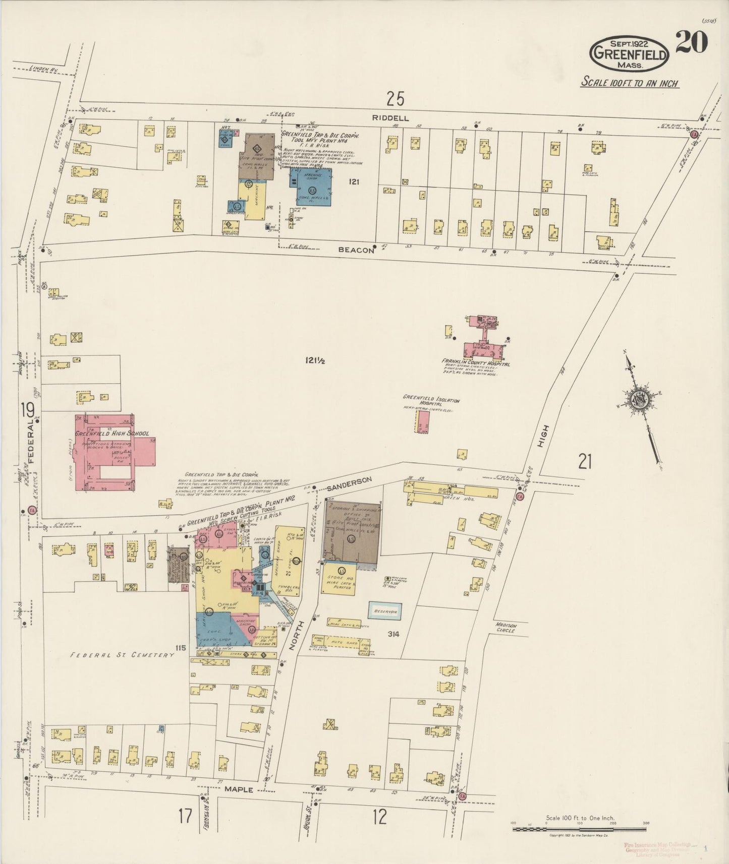 Sanborn Fire Insurance Map from Greenfield, Franklin County, Massachusetts (1922), Sheet #0020 - Historic Sanborn Fire Insurance Map Print, vintage old map wall art, antique decor, genealogy gift, Massachusetts Massachusetts map