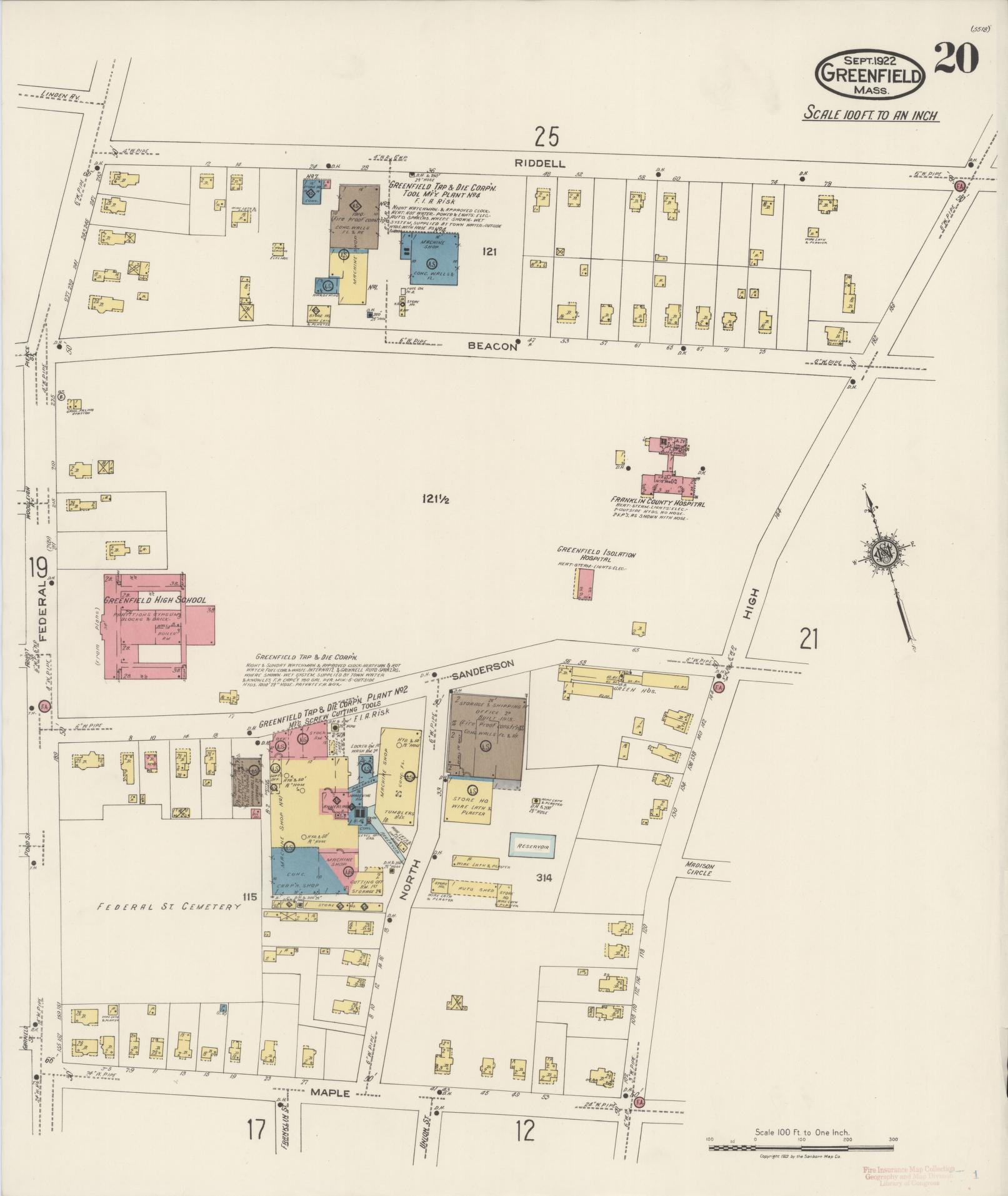 Sanborn Fire Insurance Map from Greenfield, Franklin County, Massachusetts (1922), Sheet #0020 - Historic Sanborn Fire Insurance Map Print, vintage old map wall art, antique decor, genealogy gift, Massachusetts Massachusetts map