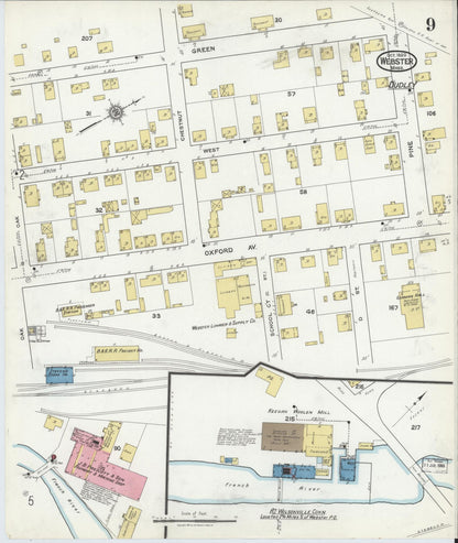 Sanborn Fire Insurance Map from Webster, Worcester County, Massachusetts (1920), Sheet #0009 - Historic Sanborn Fire Insurance Map Print, vintage old map wall art, antique decor, genealogy gift, Massachusetts Massachusetts map