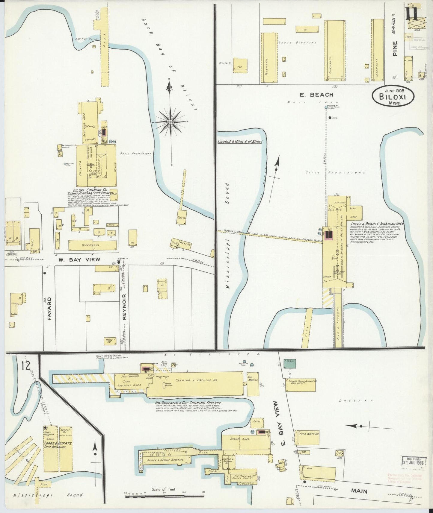 Sanborn Fire Insurance Map from Biloxi, Harrison County, Mississippi (1909), Sheet #0011 - Historic Sanborn Fire Insurance Map Print, vintage old map wall art, antique decor, genealogy gift, Mississippi Mississippi map