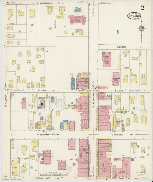 Sanborn Fire Insurance Map from De Land, Volusia County, Florida (1915), Sheet #0002 - Historic Sanborn Fire Insurance Map Print, vintage old map wall art, antique decor, genealogy gift, Florida Florida map
