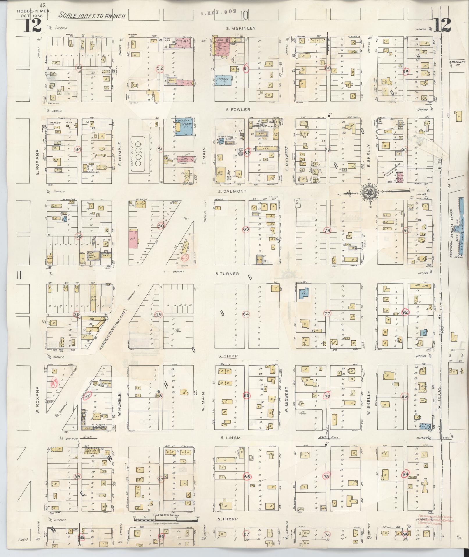 Sanborn Fire Insurance Map from Hobbs, Lea County, New Mexico (1950), Sheet #0012 - Historic Sanborn Fire Insurance Map Print, vintage old map wall art, antique decor, genealogy gift, New Mexico New Mexico map