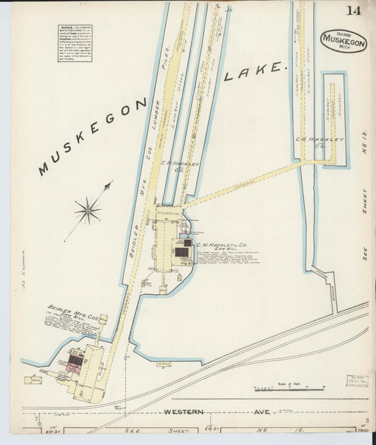 Sanborn Fire Insurance Map from Muskegon, Muskegon County, Michigan (1883), Sheet #0014 - Historic Sanborn Fire Insurance Map Print, vintage old map wall art, antique decor, genealogy gift, Michigan Michigan map